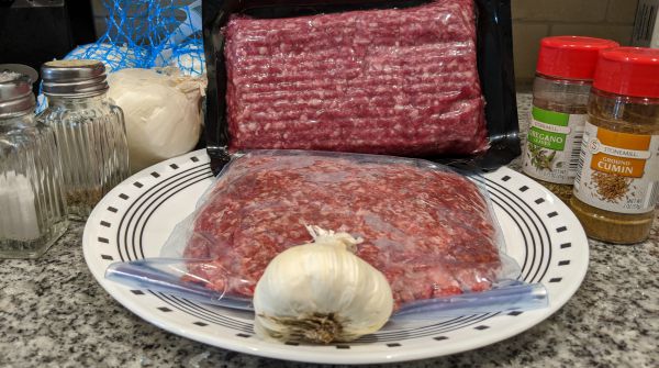 Gyro Ingredients - Salt, Pepper, Onion, Garlic, Lamb, Ground Beef, Oregano, and Cumin